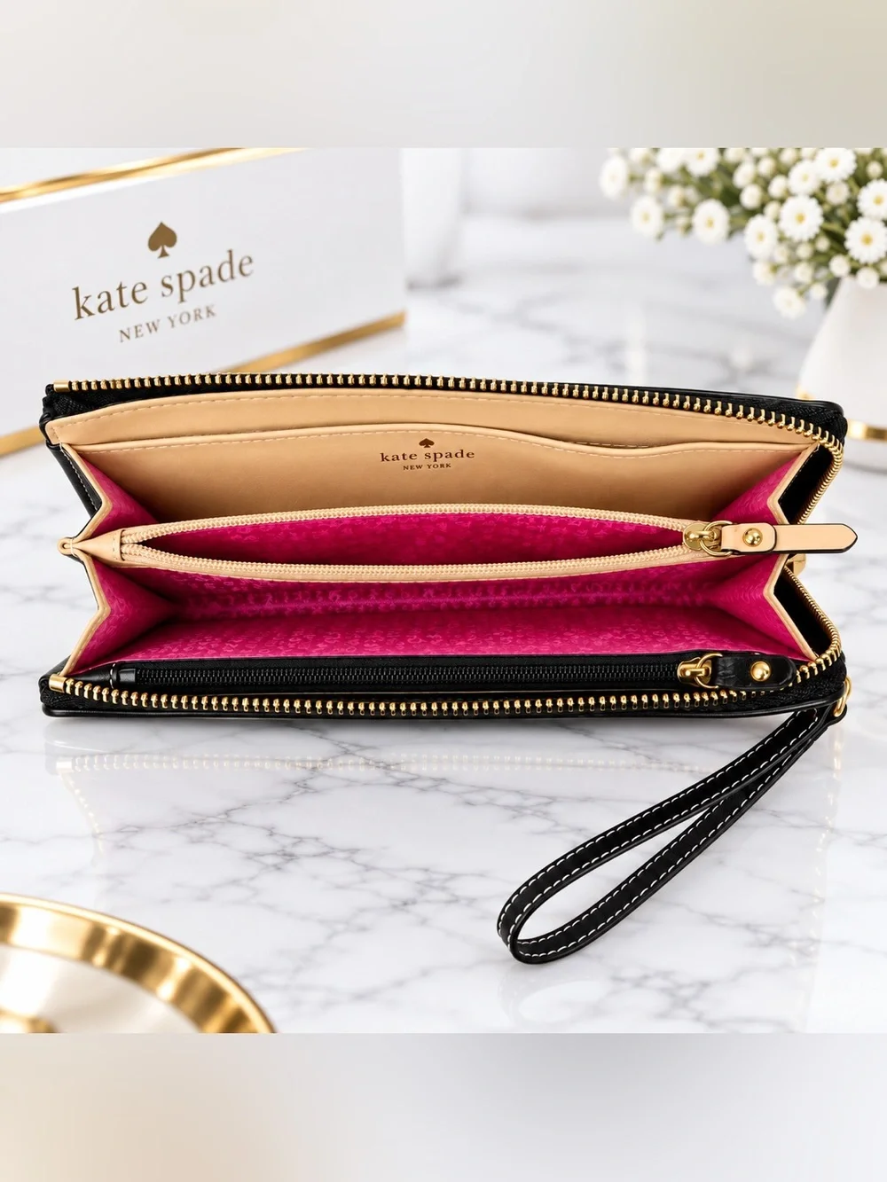 Kate Spade New York Black Pebble Grade Leather Wristlet Zippy Wallet